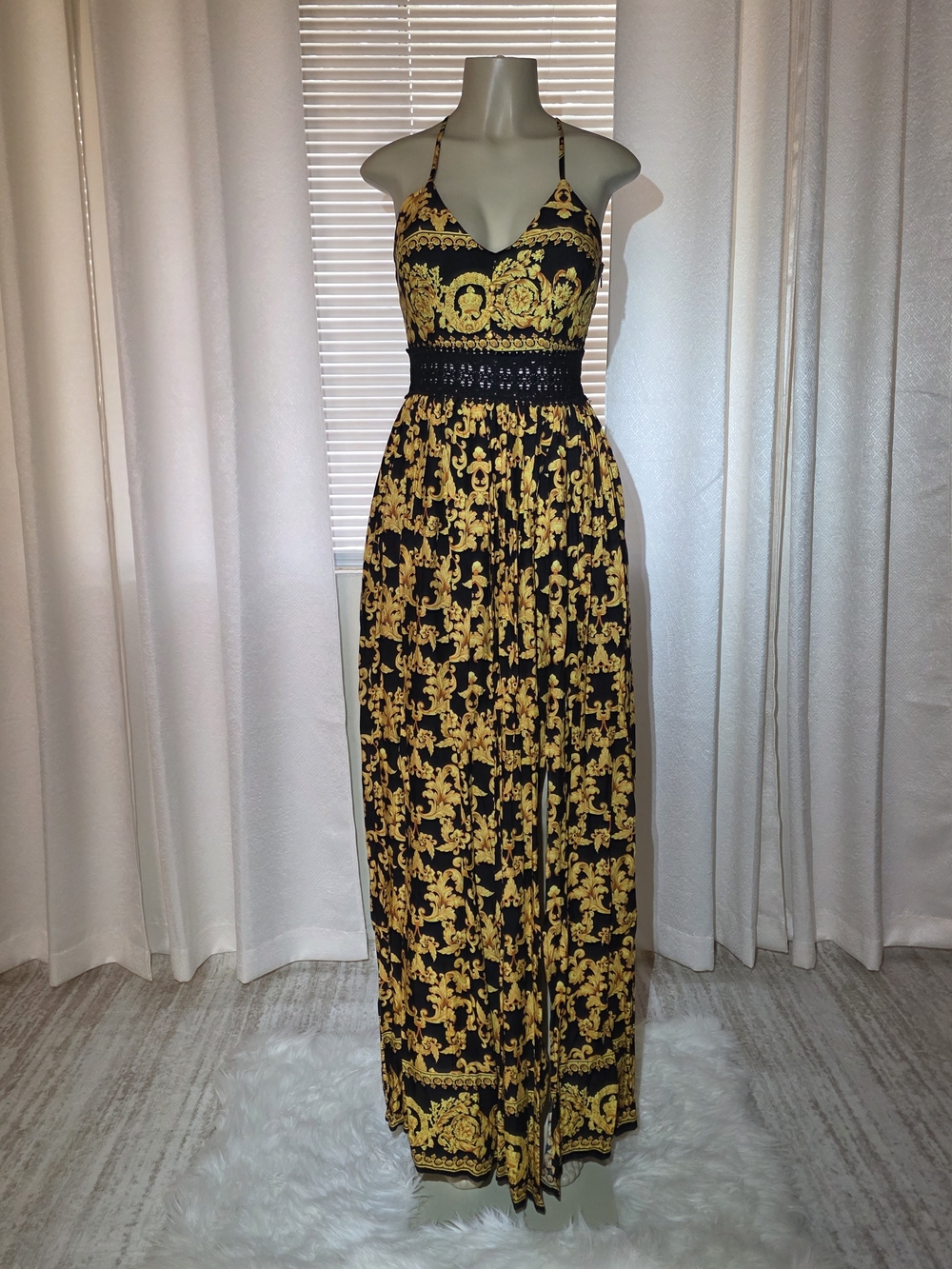 Fashion Nova Maxi Dress in Black & Gold NWT